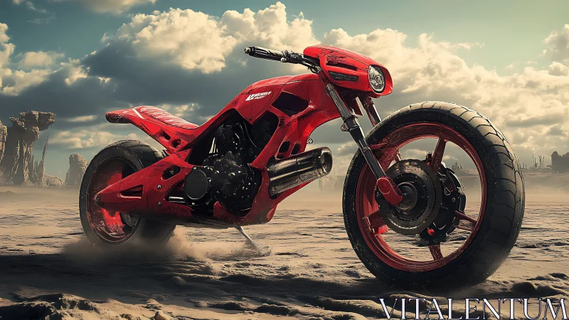 Red futuristic desert motorcycle with cinematic side lighting.
