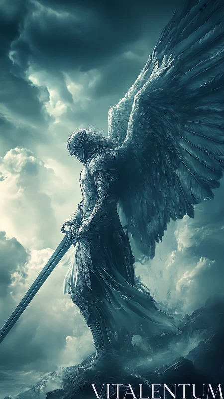 Armored angelic sentinel in stormlit clouds with drawn broadsword