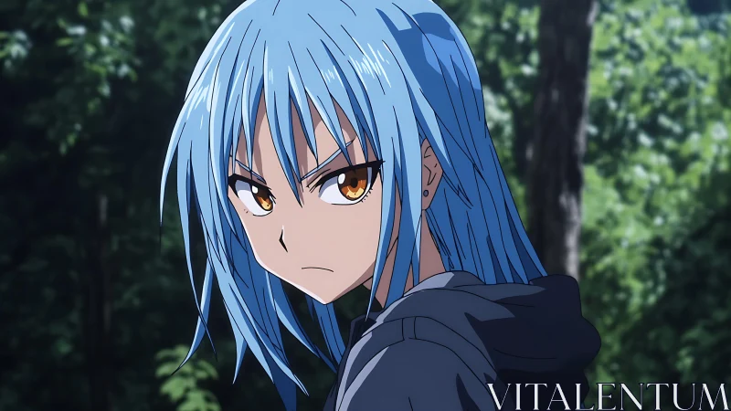 Blue‑haired anime subject with intense gaze in forest light.