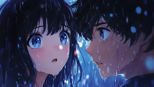 Tender anime couple sharing a quiet moment in the rain.