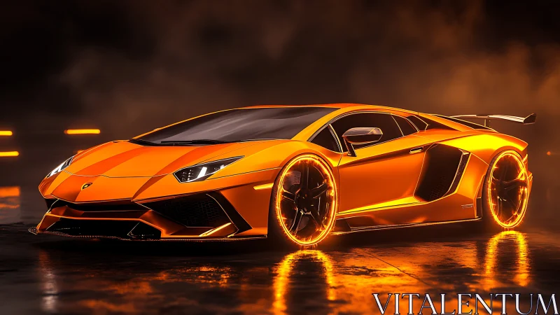 3D hyper-gloss supercar with neon rim illumination in motion.