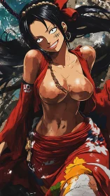 Dynamic pirate heroine in red cloth under dramatic lighting.