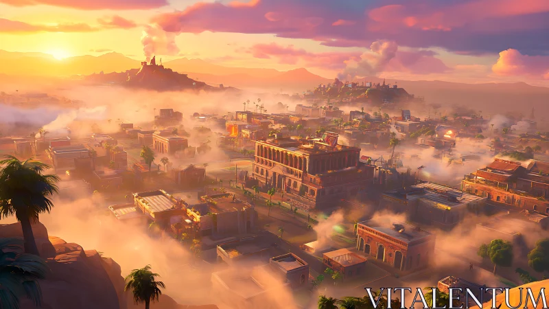 Sunlit desert cityscape glows through rising morning mist.