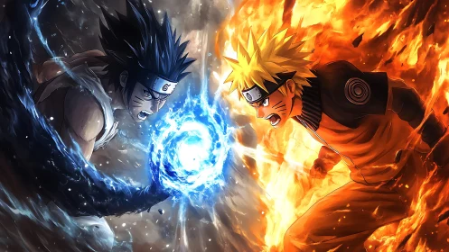 Naruto and rival clash in dramatic elemental power duel.