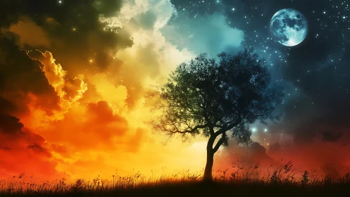 Surreal twilight tree amid split sky of fire and stars.