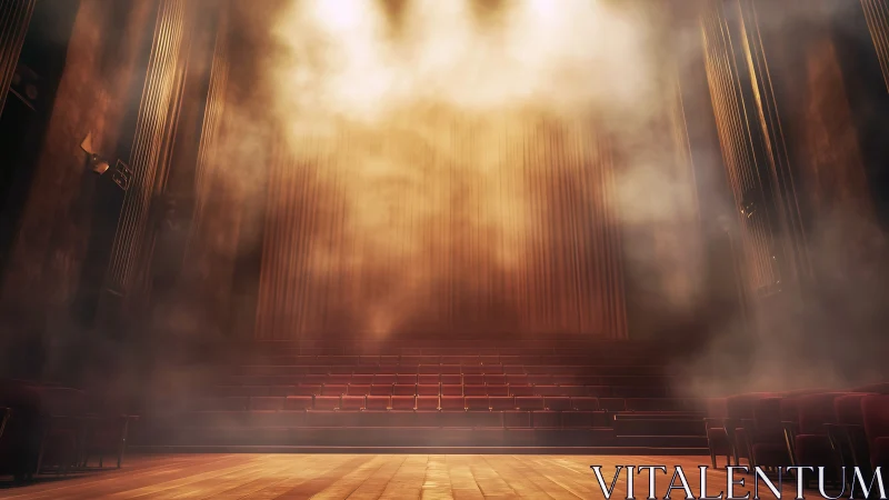 Empty theater stage with mist and warm spotlight glow.