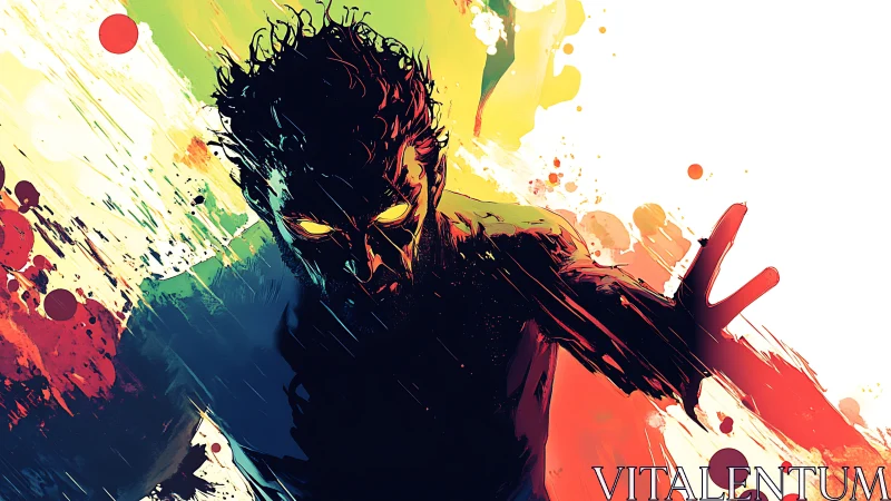 Vibrant shadow figure racing through a storm of color.