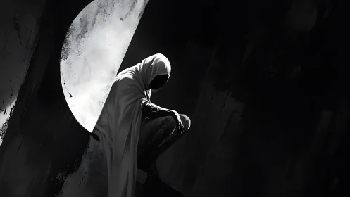 Cloaked sentinel in lunar aperture, high contrast chiaroscuro.