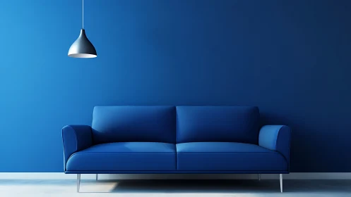 Calm blue sofa sanctuary under a single soft light.