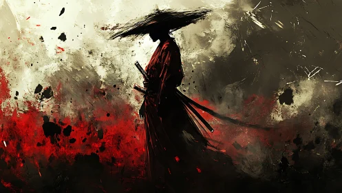 Lone crimson ronin wandering through a storm of splashes.