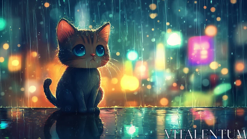 Digital rendering depicting feline subject amid rain with light emanation