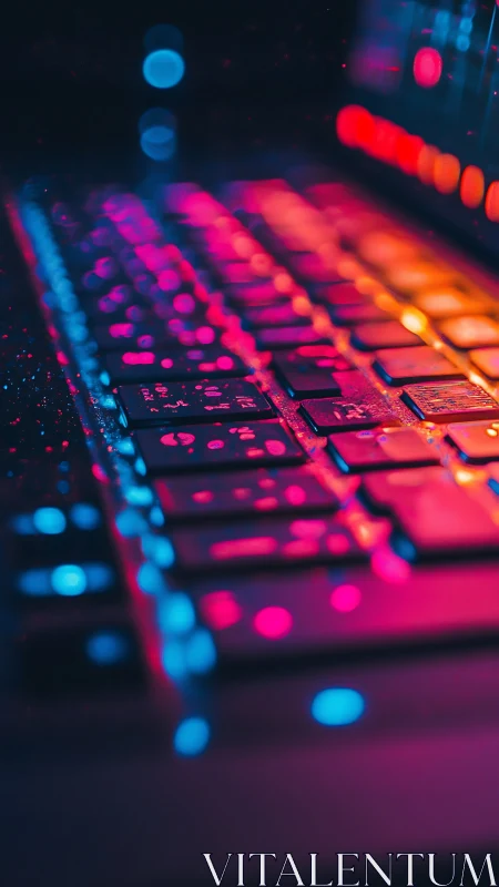 Neon-lit computer keyboard rendered in shallow depth of field