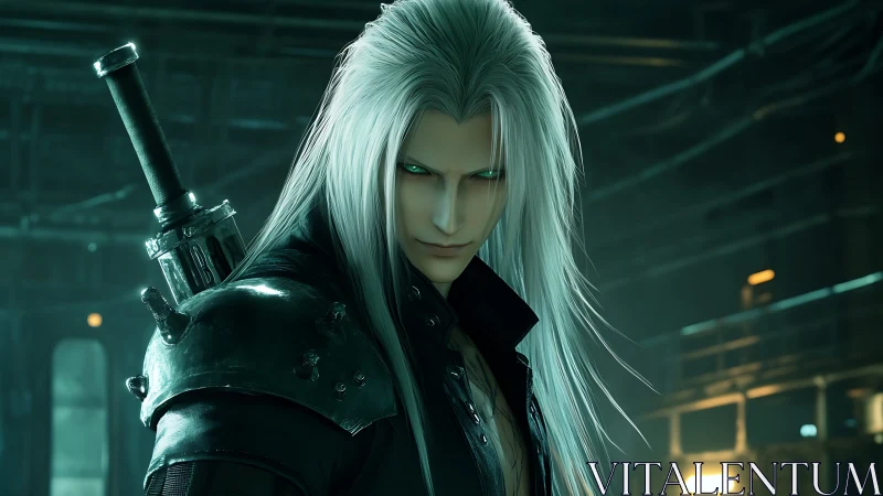 Silver haired swordsman stands poised in a moody neon lair