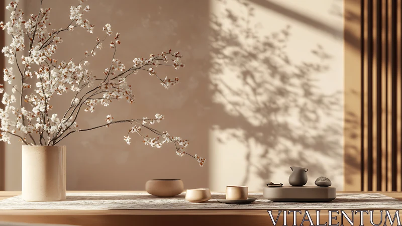 Minimalist tea ceremony still life with blooming branch shadows