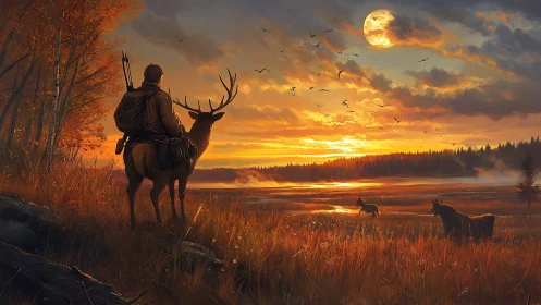 Hunter and stag overlooking ember-lit marshland dusk.