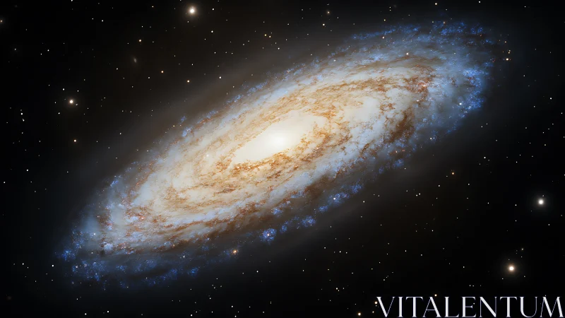 Oblique spiral galaxy disk with luminous bulge and blue knots.