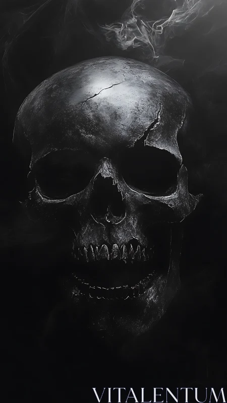 Cracked metallic skull rendered against dark smokey field.