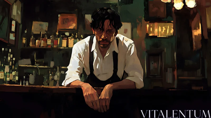 Brooding bartender leans over a dimly lit late night bar