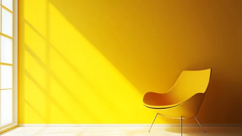 Yellow lounge chair against sunlit yellow interior wall.