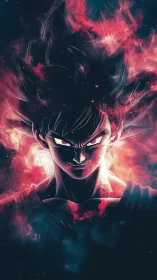 Cosmic warrior rising through neon stormfire and shadow.