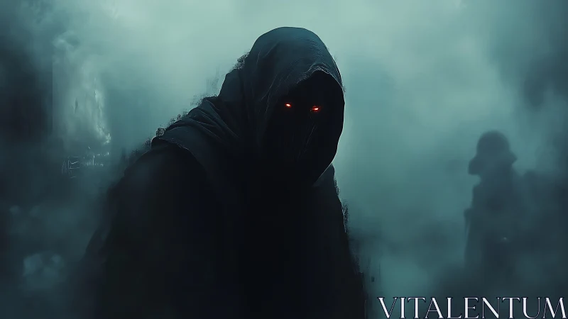 Hooded wraith with glowing red eyes stalks through dense fog