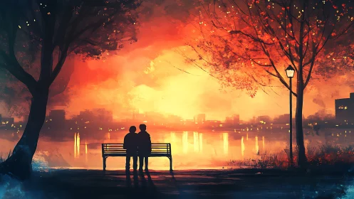 Two silhouettes share dreams against nature's burning apocalypse