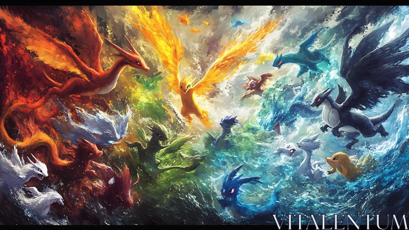 Elemental dragon storm whirls through blazing sky and sea.