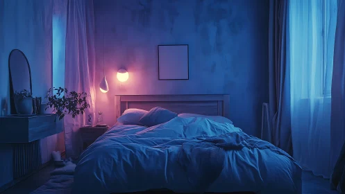 Midnight bedroom sanctuary glowing in soft blue hush.