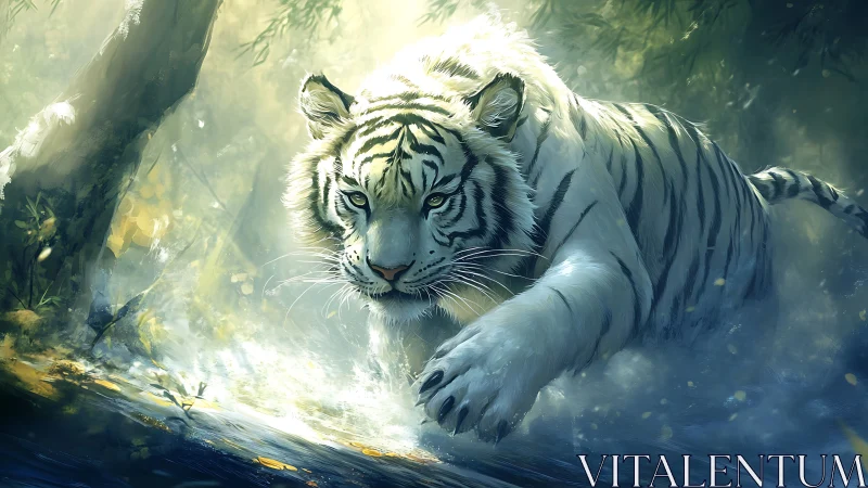 White tiger charge through misty forest stream at dawn.