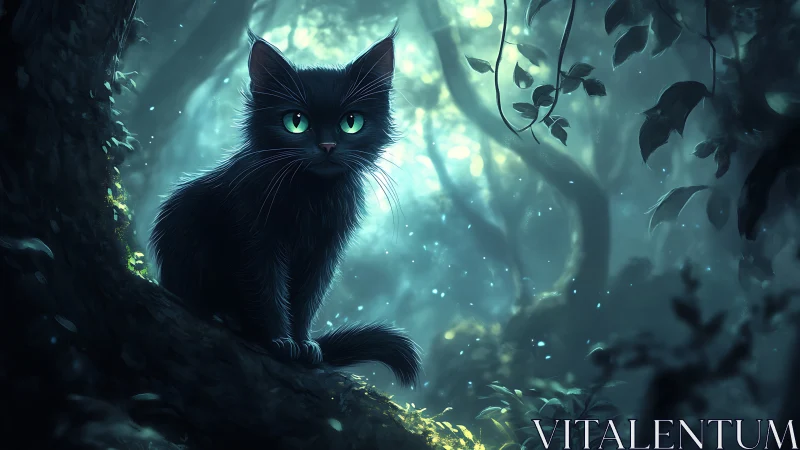 Mystical Black Cat with Luminous Eyes in Enchanted Forest.