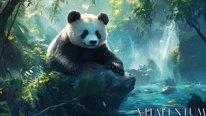 Gentle panda resting by a sunlit forest stream in peace.