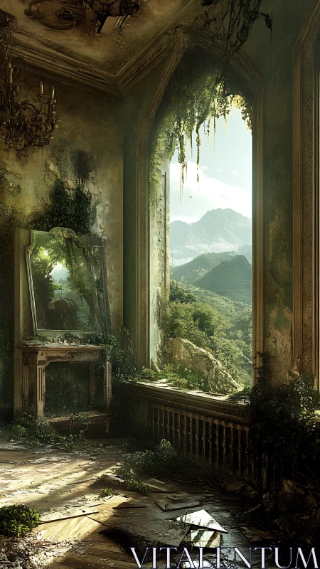 Ruined mountain hall reclaimed by lush creeping nature.