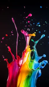 Chromatic liquid splash sculpture on black background.