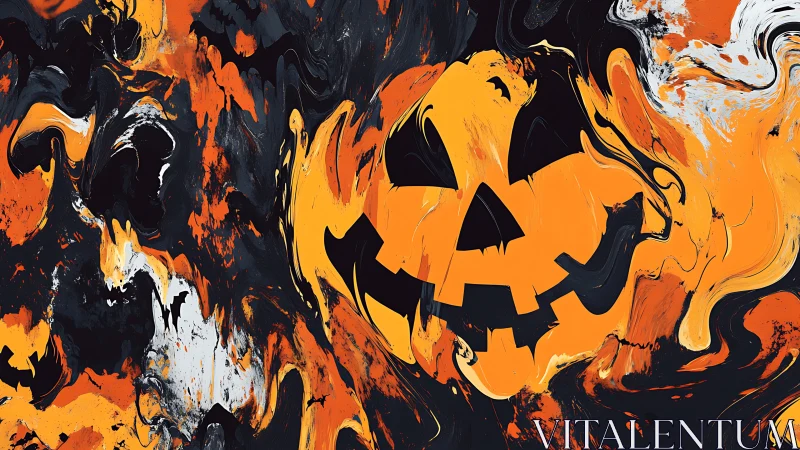 Abstract jack o lantern face in swirling Halloween colors.