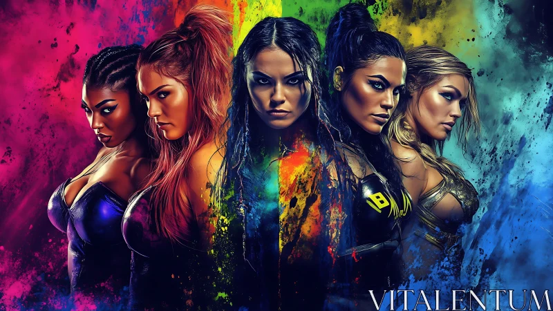 Fierce Female Warriors in Splattered Color Art Style Portrait.