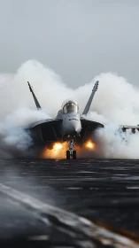 Fighter jet launching from carrier deck with engines flaring.