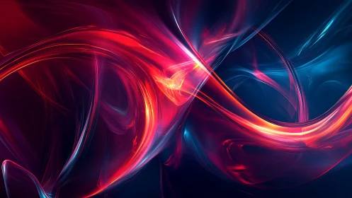 Neon light trails form intertwined abstract energy waves