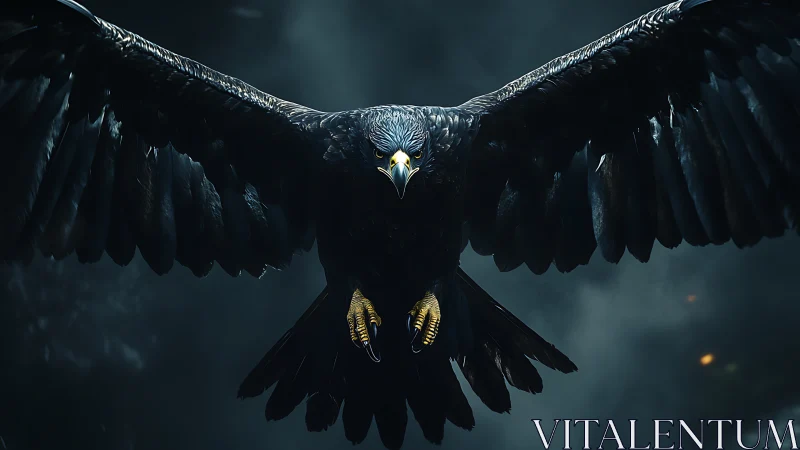 Midnight raptor unveiled, storm-lit wings carved in shadow.
