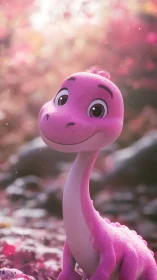 Pink cartoon dinosaur in shallow depth of field forest scene.