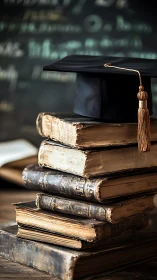 Graduation cap resting on stacked antique hardcover books.