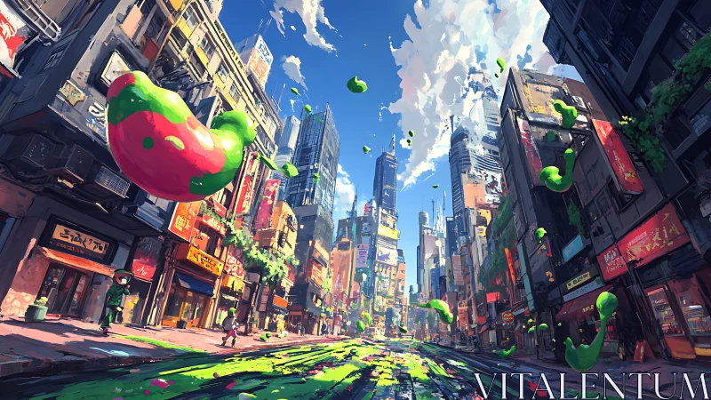 Urban commercial street shows floating slime forms in daylight