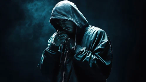 Hooded man stands in moody teal light, lost in reflection