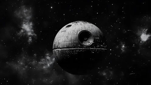 Spherical battle station rendered as monochrome orbital megastructure