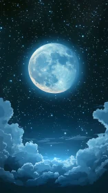 Luminous full moon hangs above dreamy starfield and clouds