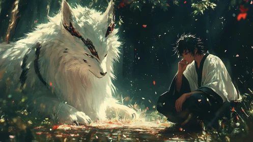 Human and white spirit wolf share quiet forest encounter