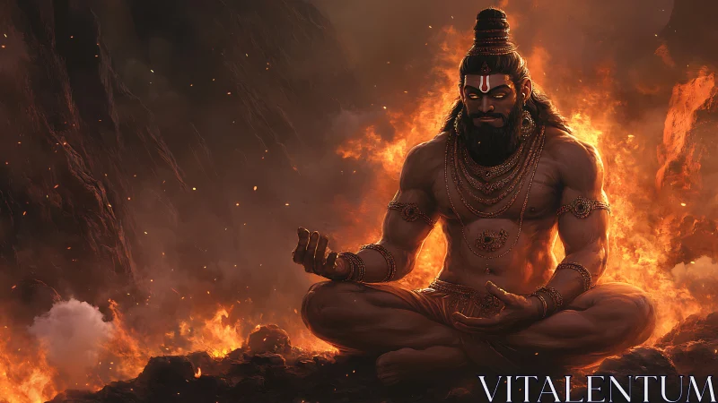 Seated figure meditates amid volcanic fire and smoke plume