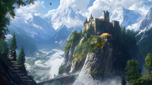 High mountain citadel overlooking mist-filled alpine valley.