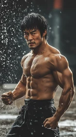 Muscular male martial artist posing shirtless in rainfall.