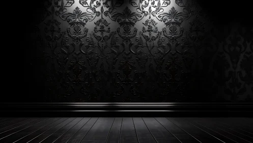 Dark interior wall shows embossed damask pattern under light