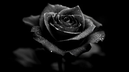 Nocturne rose glimmering with silver droplets in darkness.